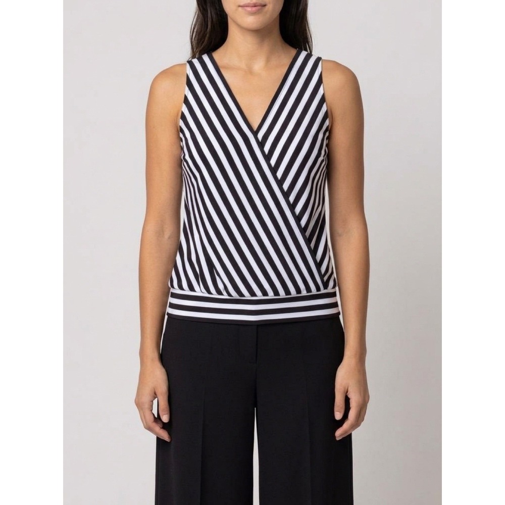 White House Black Market Women's XS Black/White Striped Chiffon V-Neck Blouse